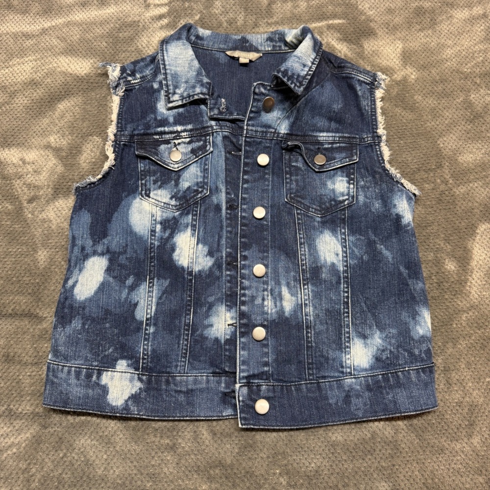 Rubbish Womens Acid Wash Distressed Denim Vest Blue Frayed Sleeveless Large
